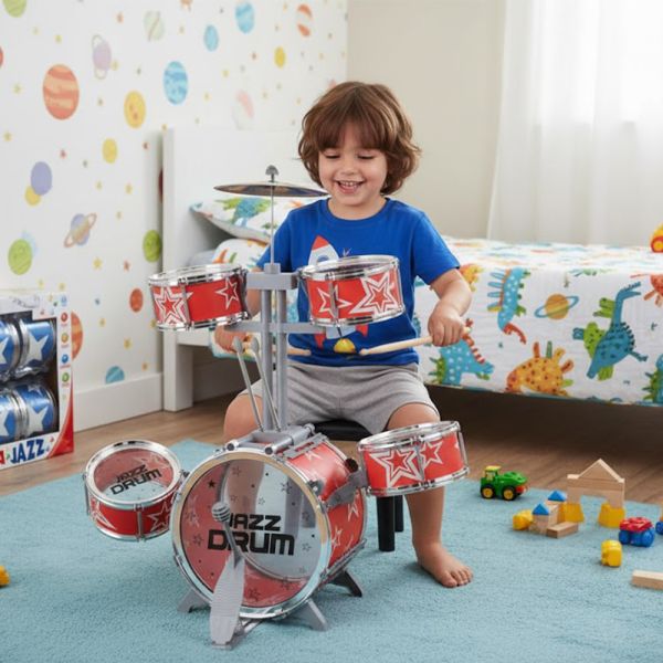Batteria Giocattolo Per Bambini 2-5 Anni – Set Con 5 Tom, Piatto, Sgabello E Bacchette In Schiuma, Strumento Musicale Educativo